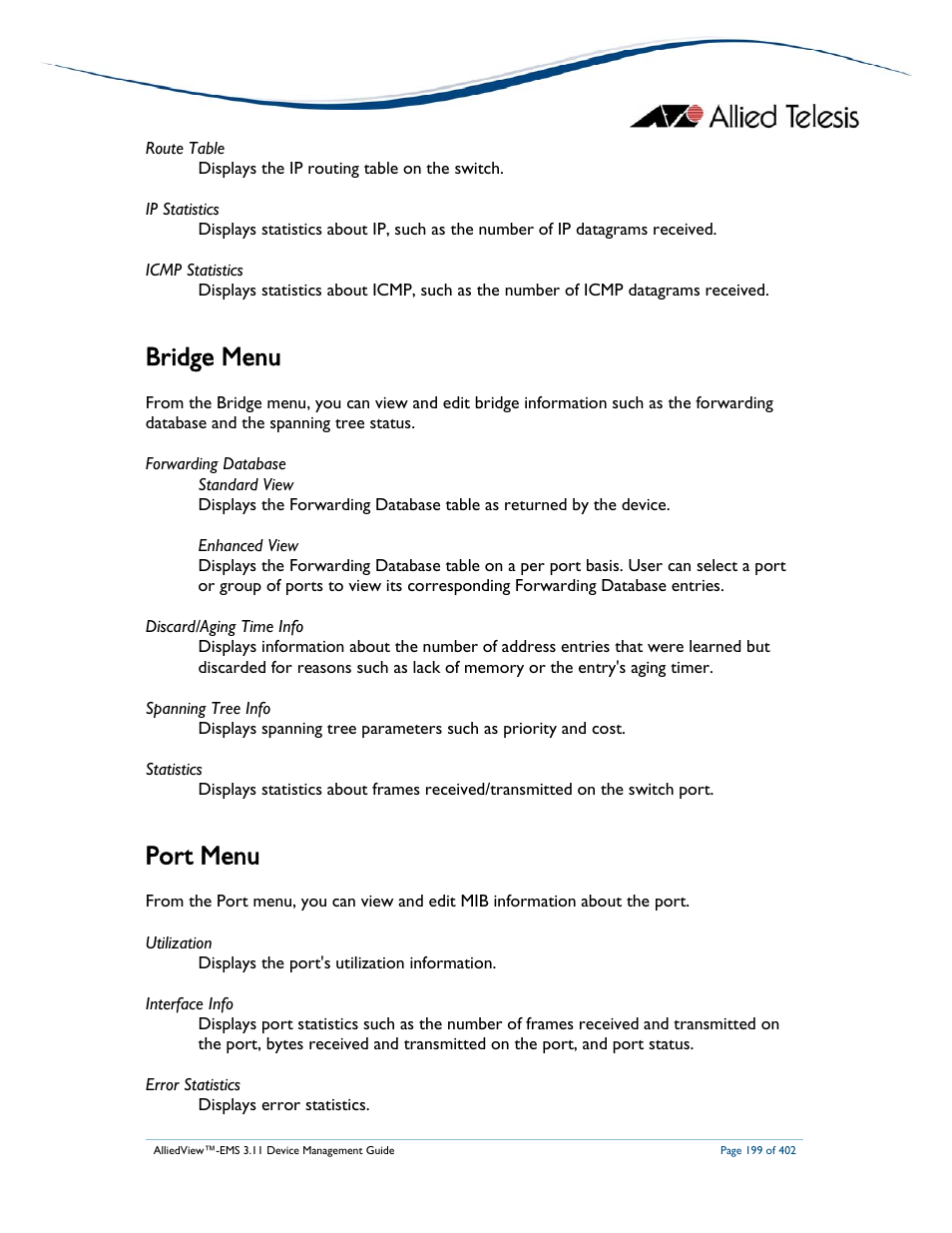 Bridge menu, Port menu | Allied Telesis AlliedView-EMS 3.11 DEVICE MANAGEMENT User Manual | Page 199 / 402