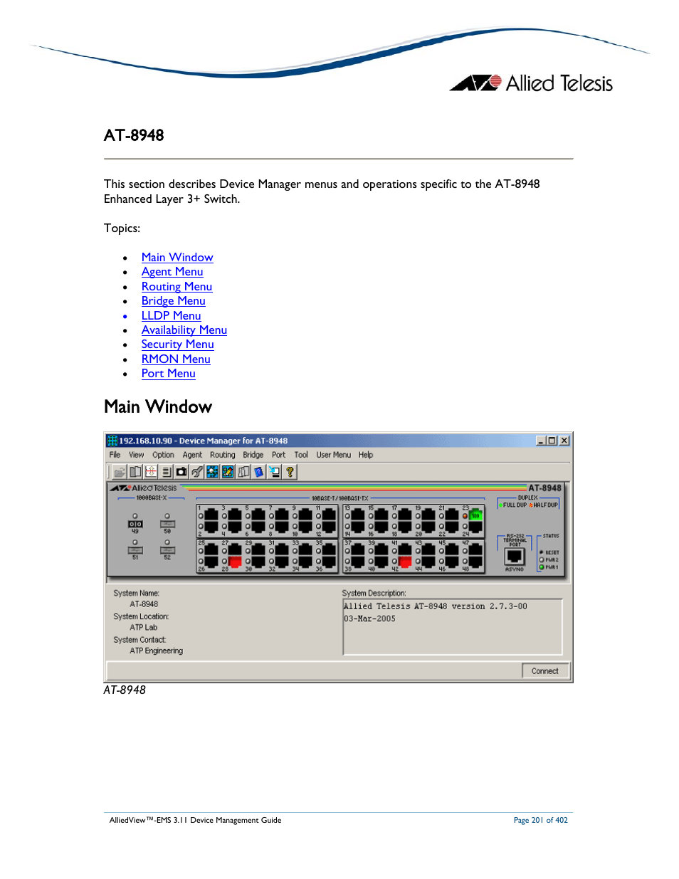 Main window, At-8948 | Allied Telesis AlliedView-EMS 3.11 DEVICE MANAGEMENT User Manual | Page 201 / 402