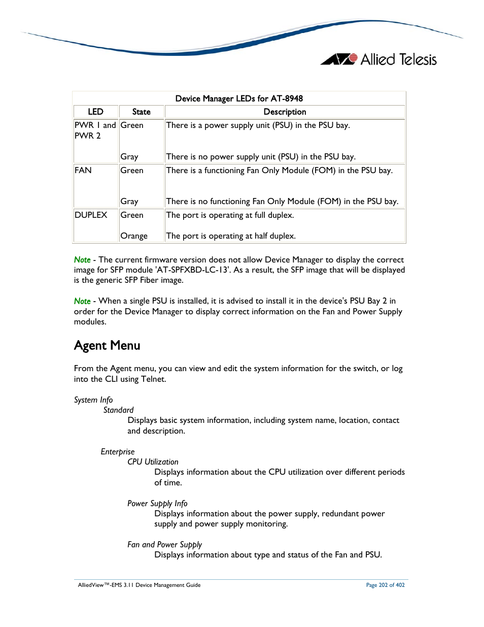 Agent menu | Allied Telesis AlliedView-EMS 3.11 DEVICE MANAGEMENT User Manual | Page 202 / 402