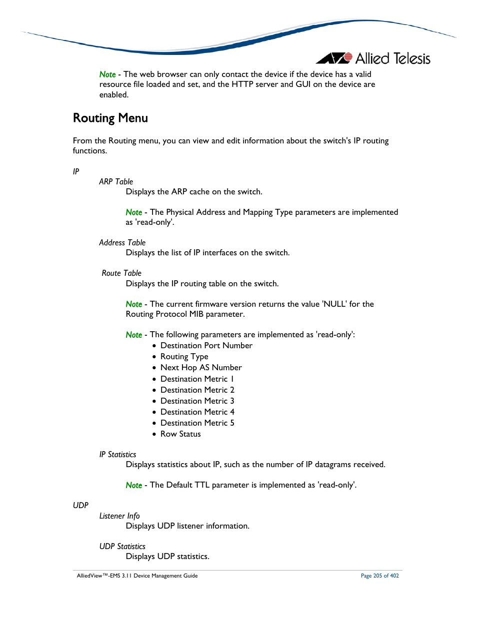 Routing menu | Allied Telesis AlliedView-EMS 3.11 DEVICE MANAGEMENT User Manual | Page 205 / 402