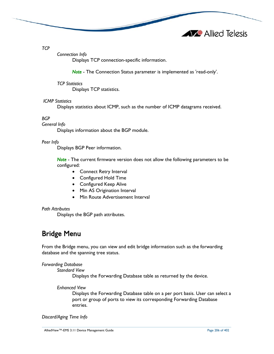 Bridge menu | Allied Telesis AlliedView-EMS 3.11 DEVICE MANAGEMENT User Manual | Page 206 / 402
