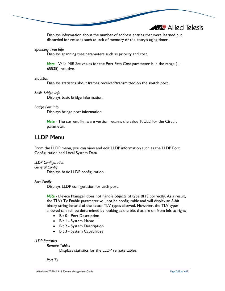 Lldp menu | Allied Telesis AlliedView-EMS 3.11 DEVICE MANAGEMENT User Manual | Page 207 / 402