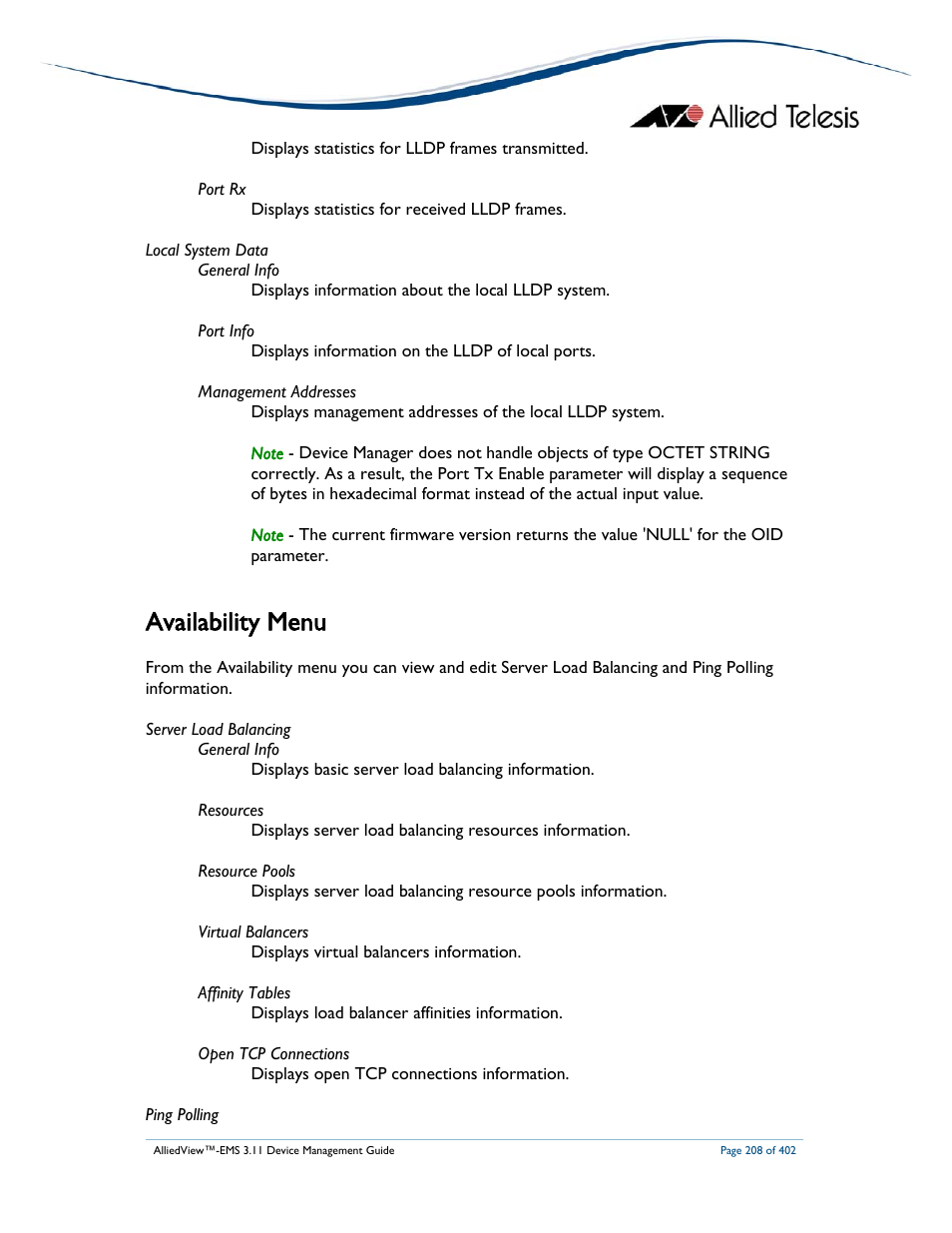 Availability menu | Allied Telesis AlliedView-EMS 3.11 DEVICE MANAGEMENT User Manual | Page 208 / 402