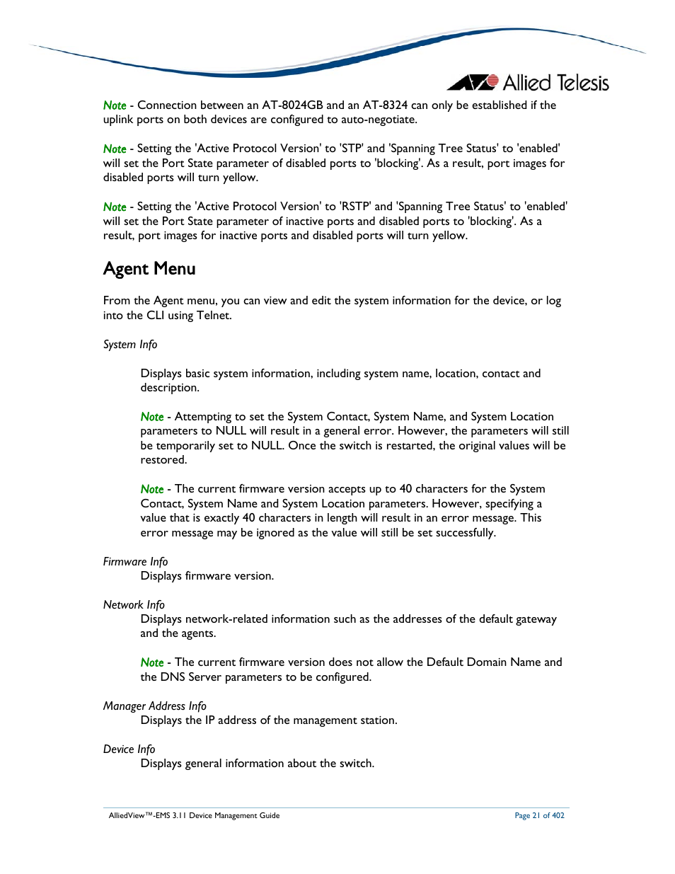 Agent menu | Allied Telesis AlliedView-EMS 3.11 DEVICE MANAGEMENT User Manual | Page 21 / 402