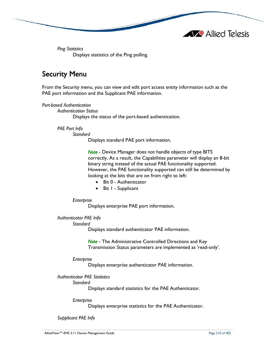 Security menu | Allied Telesis AlliedView-EMS 3.11 DEVICE MANAGEMENT User Manual | Page 210 / 402