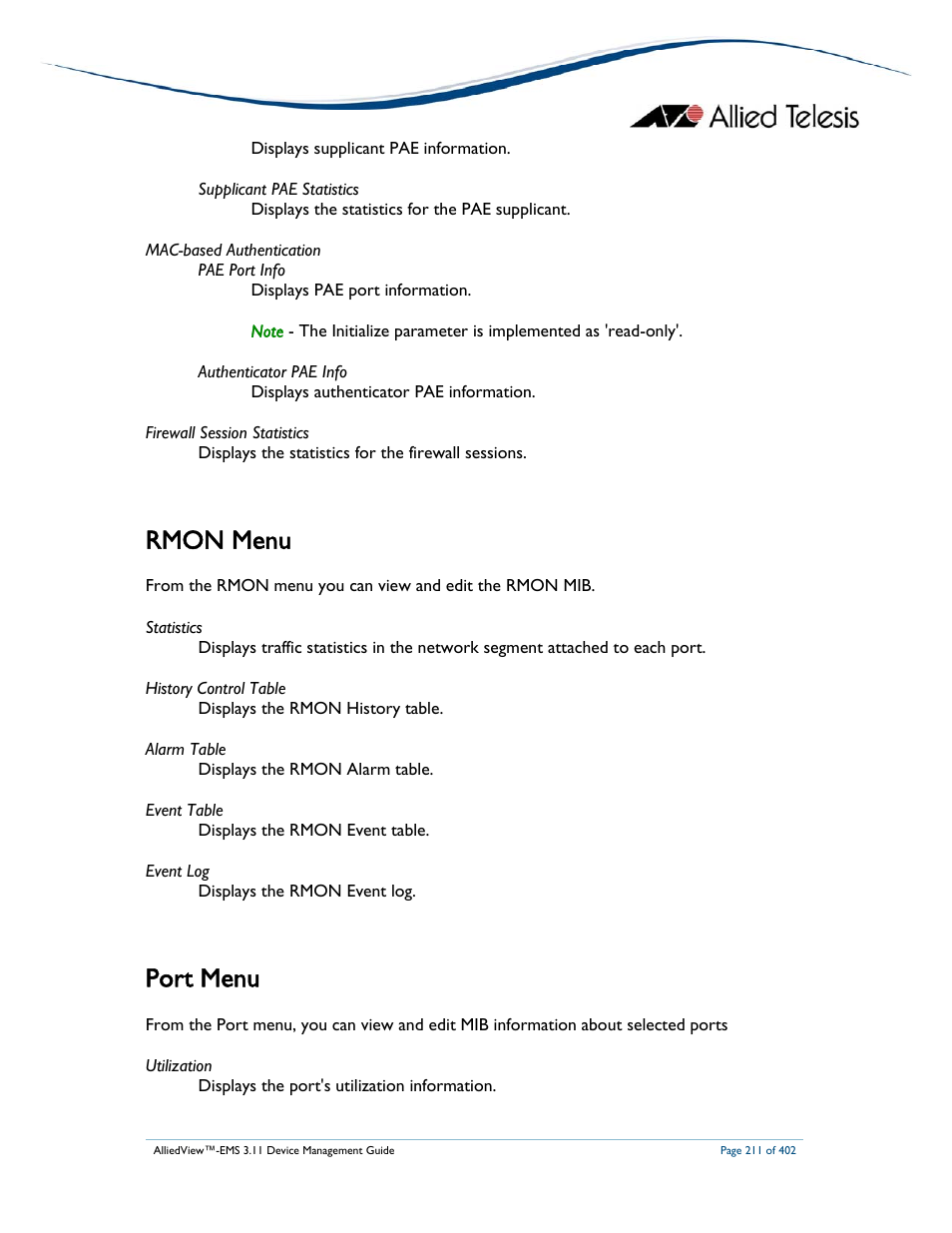 Rmon menu, Port menu | Allied Telesis AlliedView-EMS 3.11 DEVICE MANAGEMENT User Manual | Page 211 / 402