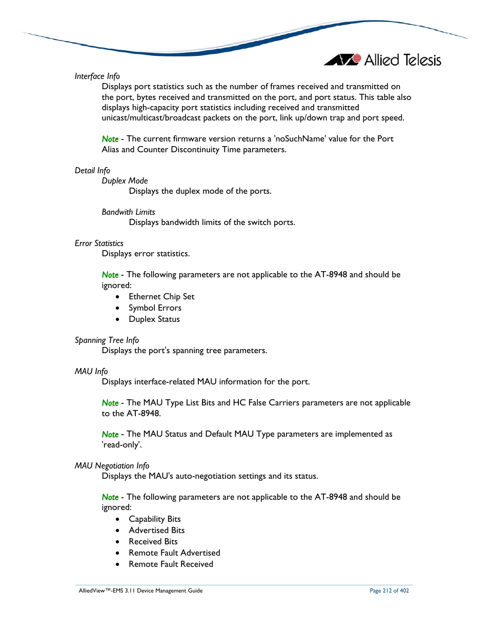 Allied Telesis AlliedView-EMS 3.11 DEVICE MANAGEMENT User Manual | Page 212 / 402