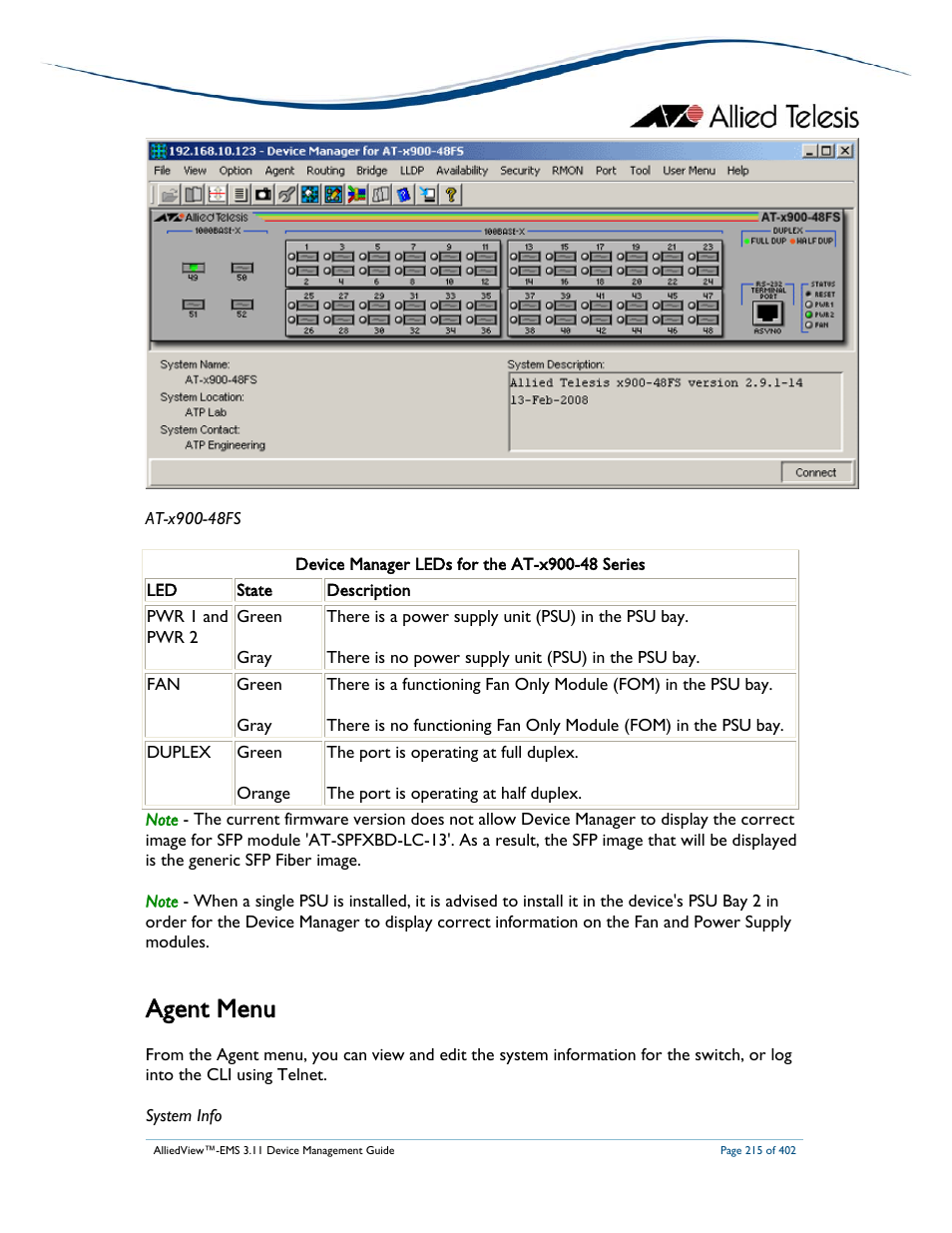 Agent menu | Allied Telesis AlliedView-EMS 3.11 DEVICE MANAGEMENT User Manual | Page 215 / 402