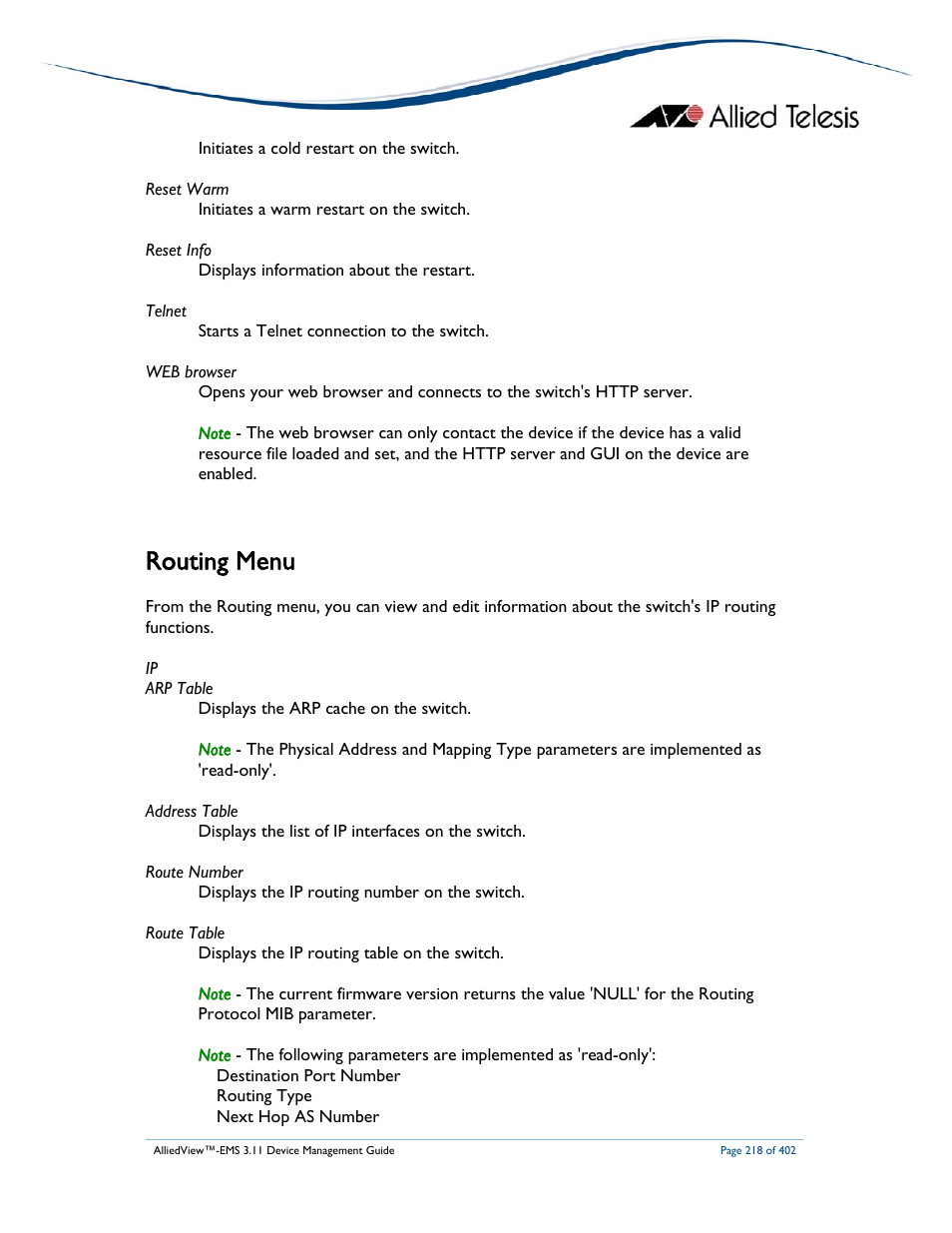 Routing menu | Allied Telesis AlliedView-EMS 3.11 DEVICE MANAGEMENT User Manual | Page 218 / 402