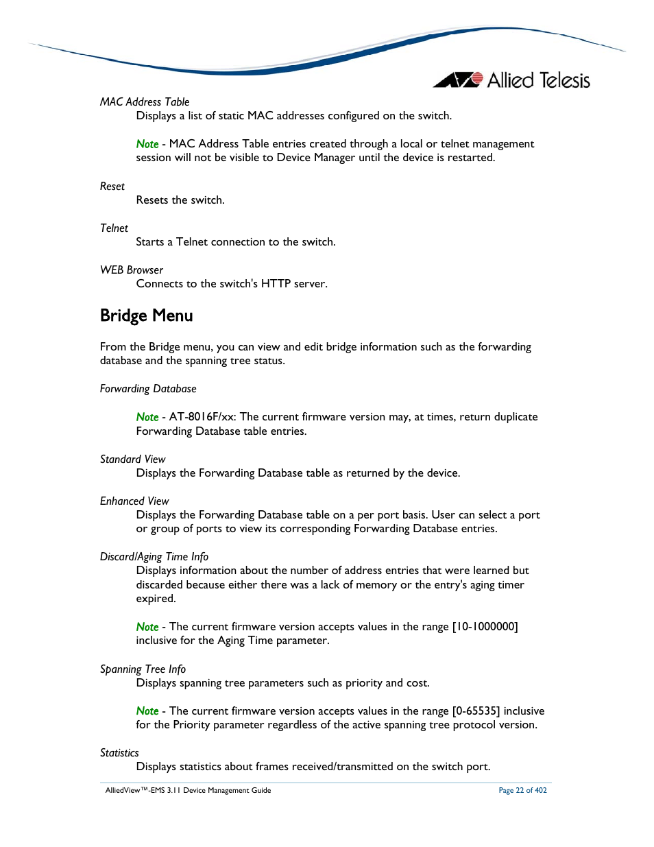 Bridge menu | Allied Telesis AlliedView-EMS 3.11 DEVICE MANAGEMENT User Manual | Page 22 / 402
