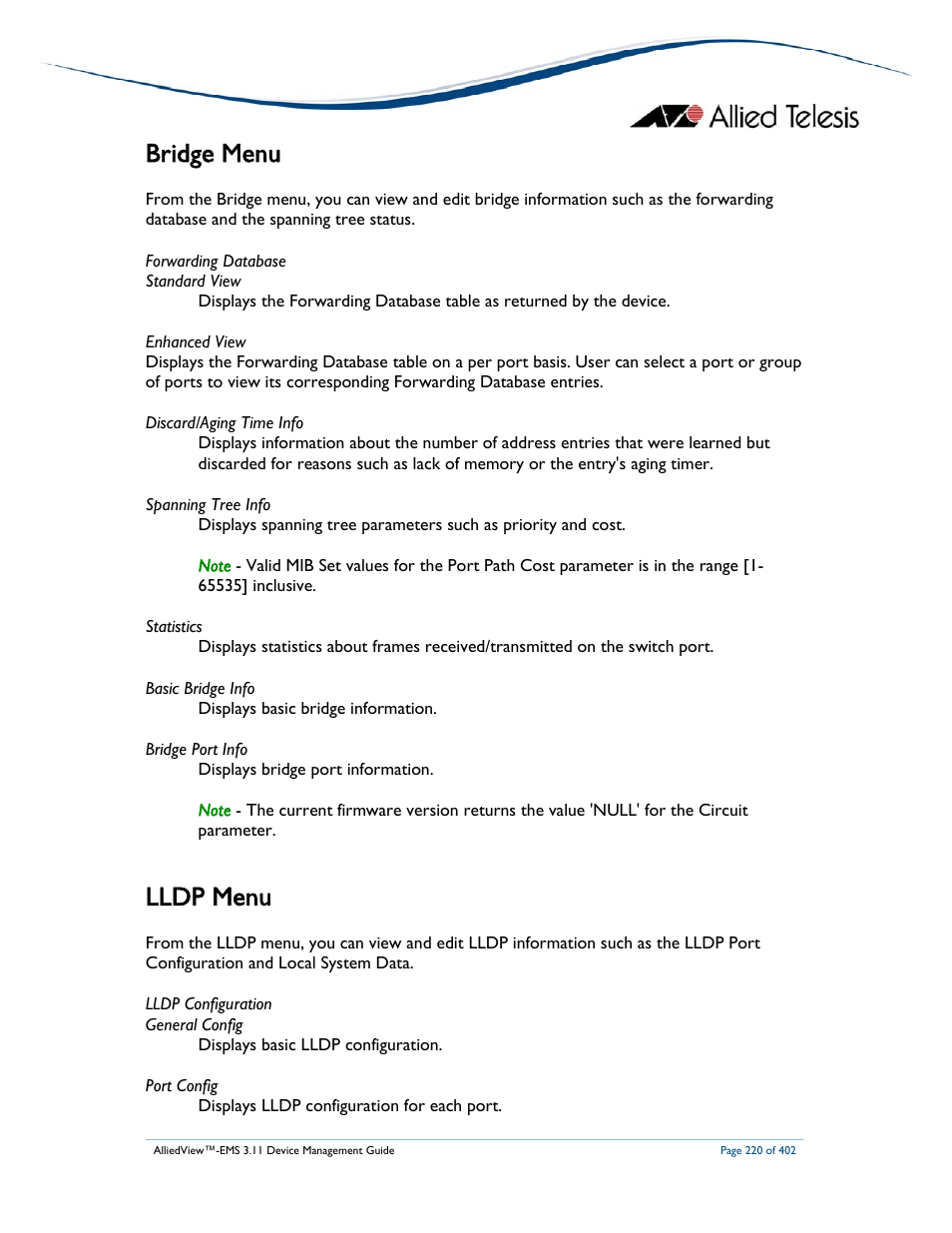 Bridge menu, Lldp menu | Allied Telesis AlliedView-EMS 3.11 DEVICE MANAGEMENT User Manual | Page 220 / 402