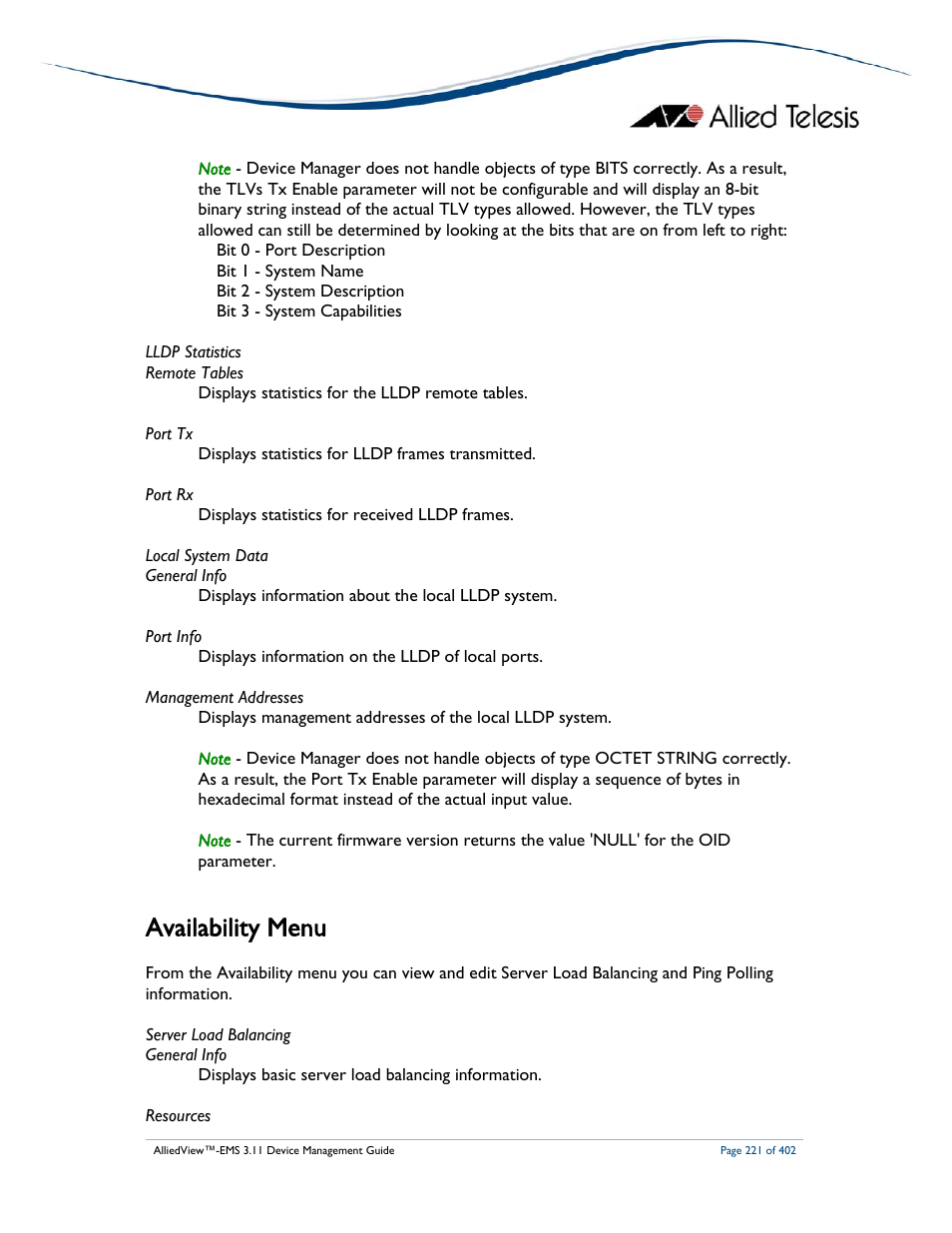 Availability menu | Allied Telesis AlliedView-EMS 3.11 DEVICE MANAGEMENT User Manual | Page 221 / 402