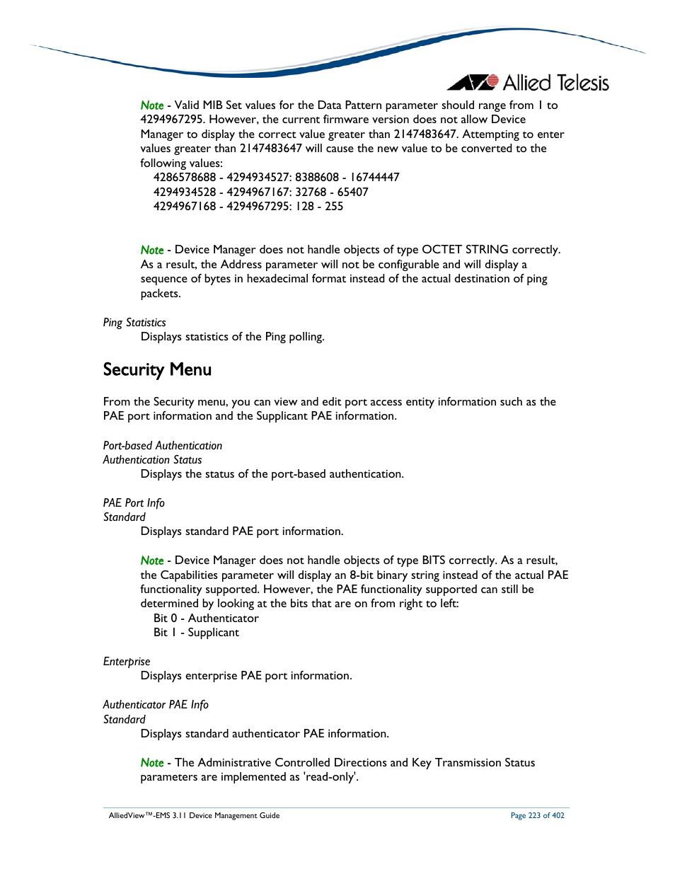 Security menu | Allied Telesis AlliedView-EMS 3.11 DEVICE MANAGEMENT User Manual | Page 223 / 402