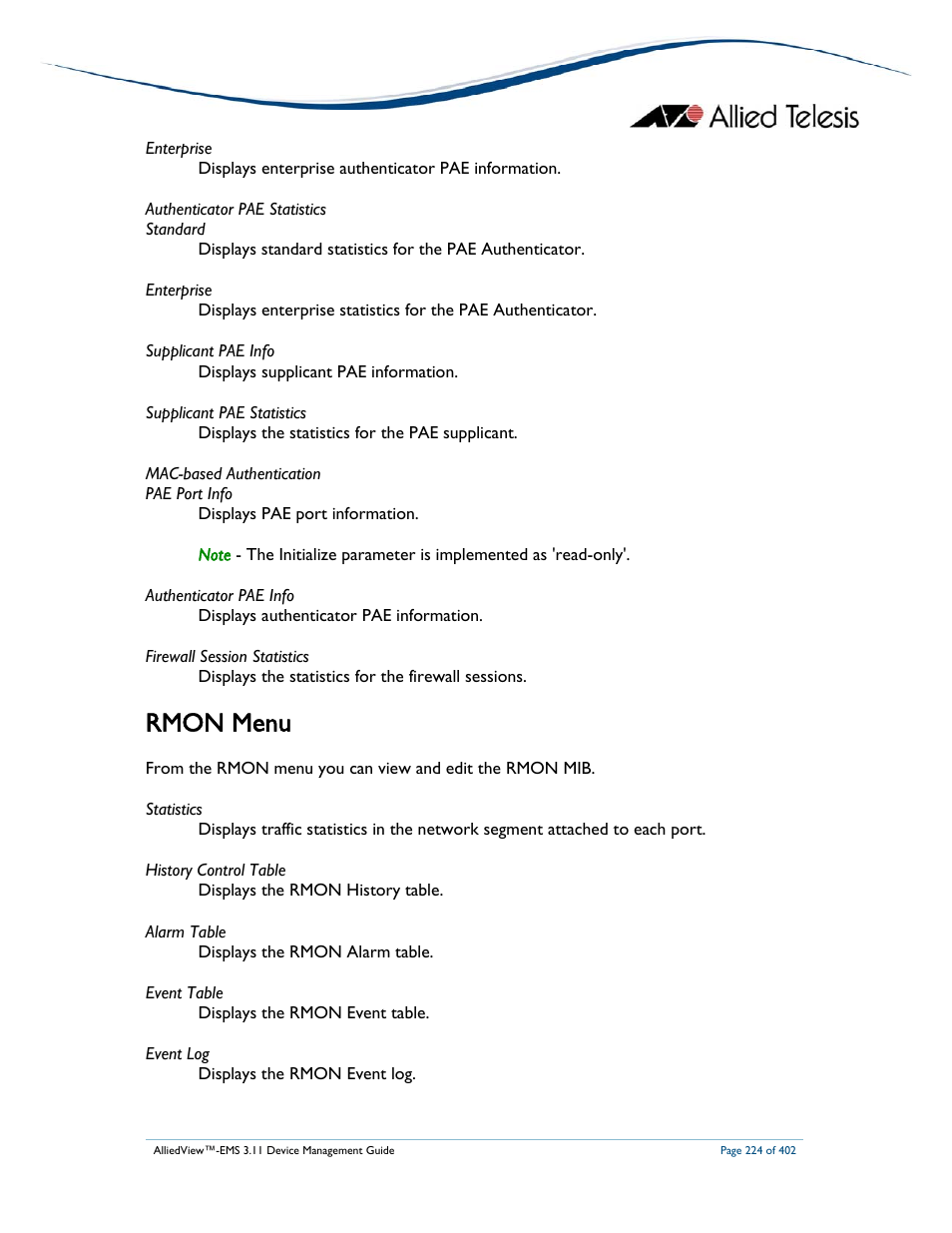 Rmon menu | Allied Telesis AlliedView-EMS 3.11 DEVICE MANAGEMENT User Manual | Page 224 / 402