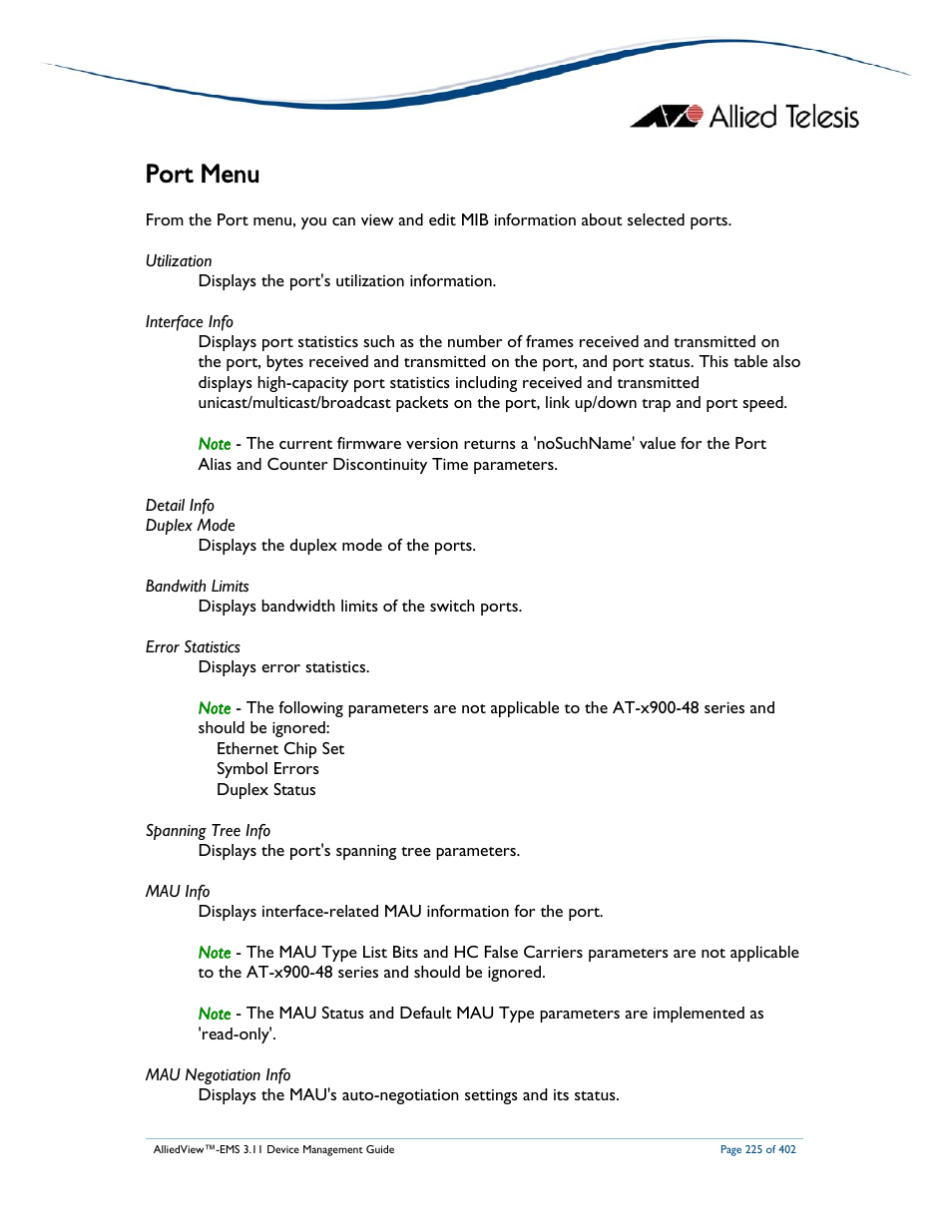 Port menu | Allied Telesis AlliedView-EMS 3.11 DEVICE MANAGEMENT User Manual | Page 225 / 402