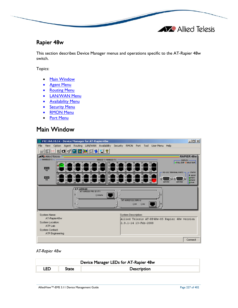 Main window, Rapier 48w | Allied Telesis AlliedView-EMS 3.11 DEVICE MANAGEMENT User Manual | Page 227 / 402
