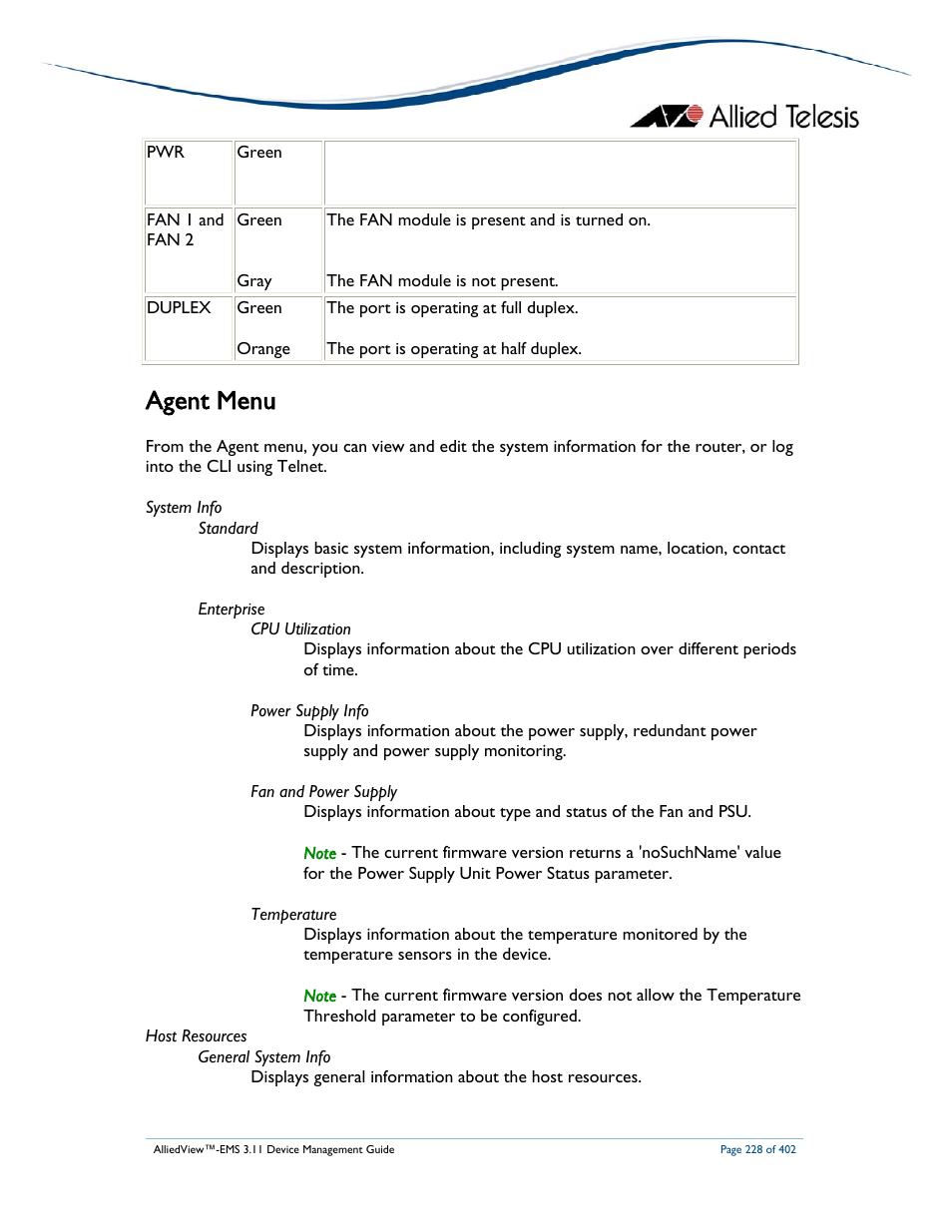 Agent menu | Allied Telesis AlliedView-EMS 3.11 DEVICE MANAGEMENT User Manual | Page 228 / 402