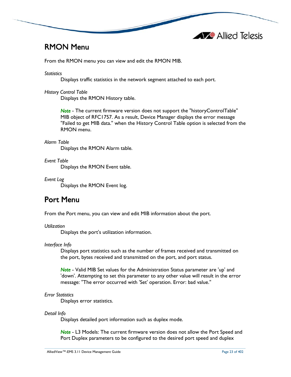 Rmon menu, Port menu | Allied Telesis AlliedView-EMS 3.11 DEVICE MANAGEMENT User Manual | Page 23 / 402