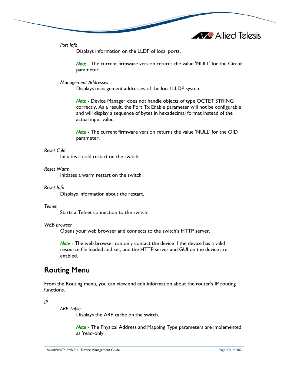 Routing menu | Allied Telesis AlliedView-EMS 3.11 DEVICE MANAGEMENT User Manual | Page 231 / 402