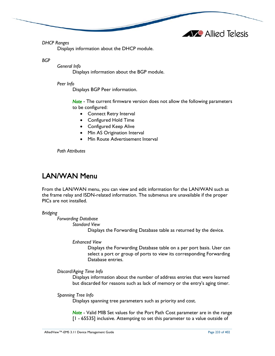 Lan/wan menu | Allied Telesis AlliedView-EMS 3.11 DEVICE MANAGEMENT User Manual | Page 233 / 402