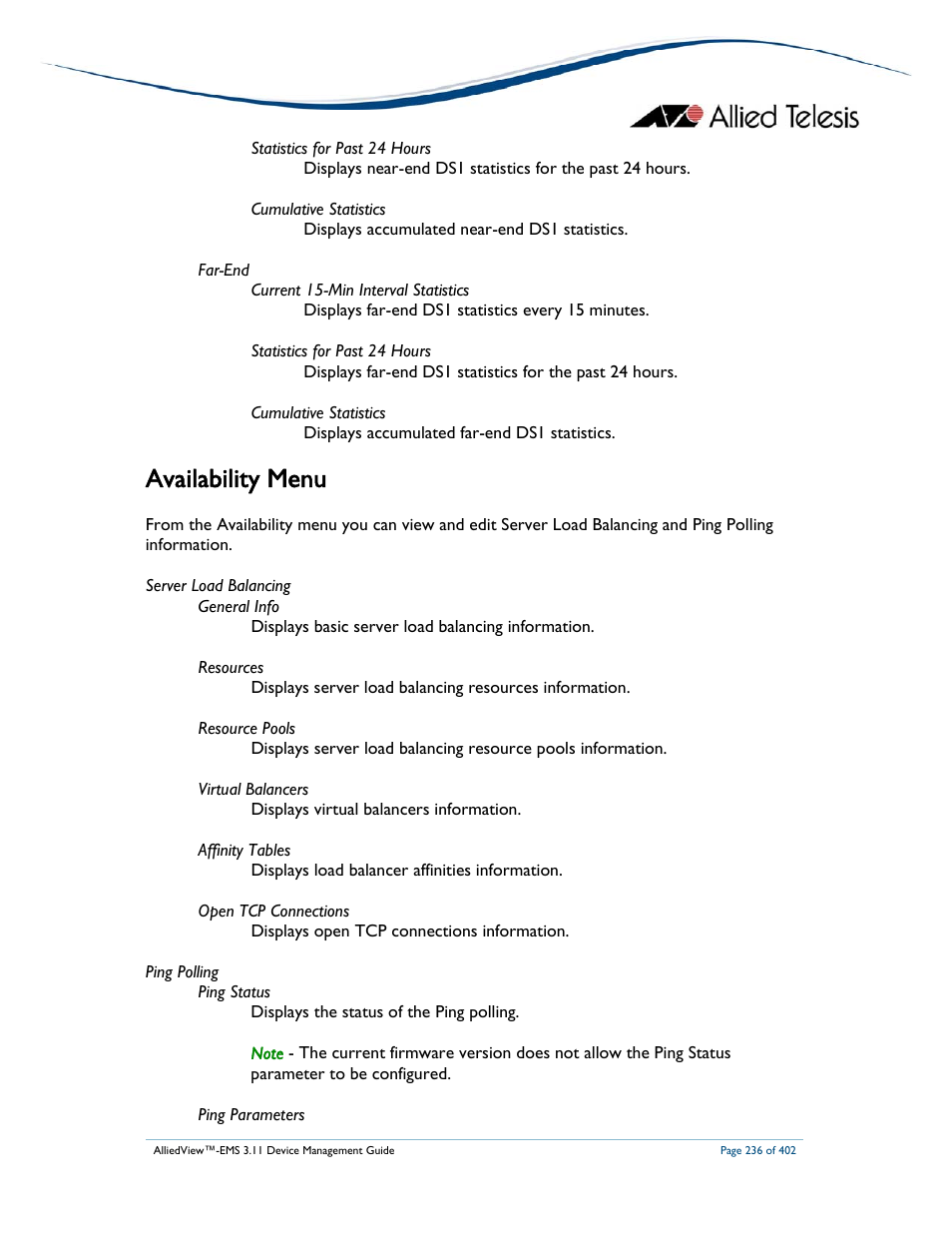 Availability menu | Allied Telesis AlliedView-EMS 3.11 DEVICE MANAGEMENT User Manual | Page 236 / 402