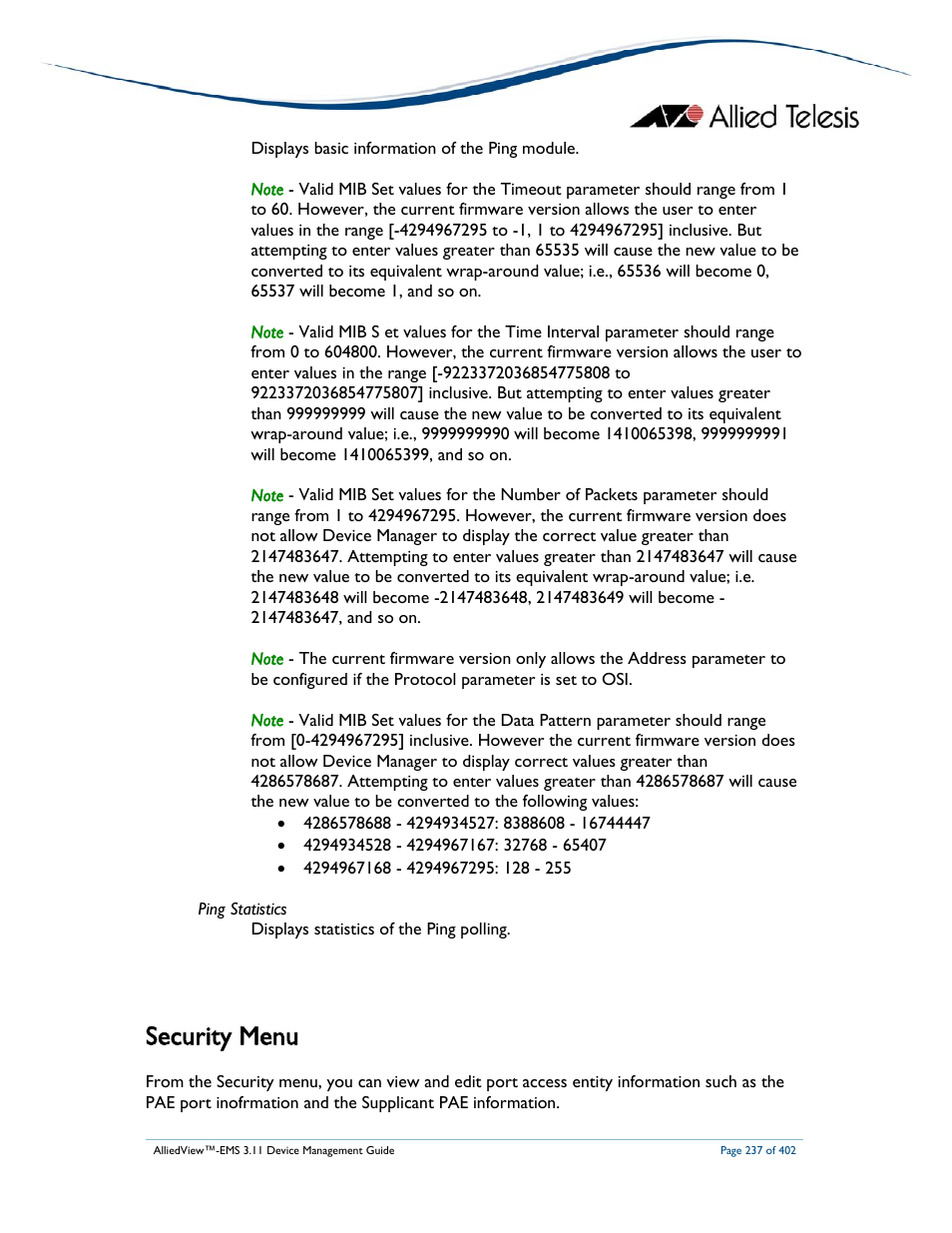 Security menu | Allied Telesis AlliedView-EMS 3.11 DEVICE MANAGEMENT User Manual | Page 237 / 402