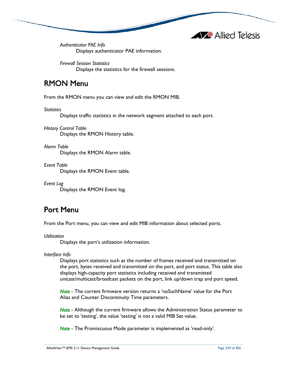 Rmon menu, Port menu | Allied Telesis AlliedView-EMS 3.11 DEVICE MANAGEMENT User Manual | Page 239 / 402