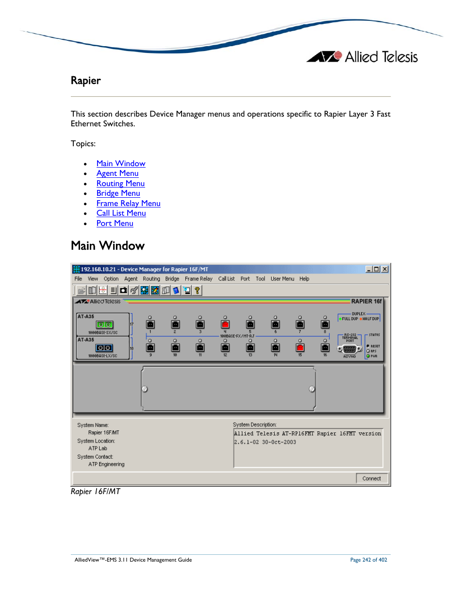 Main window, Rapier | Allied Telesis AlliedView-EMS 3.11 DEVICE MANAGEMENT User Manual | Page 242 / 402