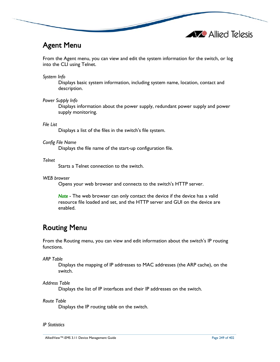 Agent menu, Routing menu | Allied Telesis AlliedView-EMS 3.11 DEVICE MANAGEMENT User Manual | Page 249 / 402