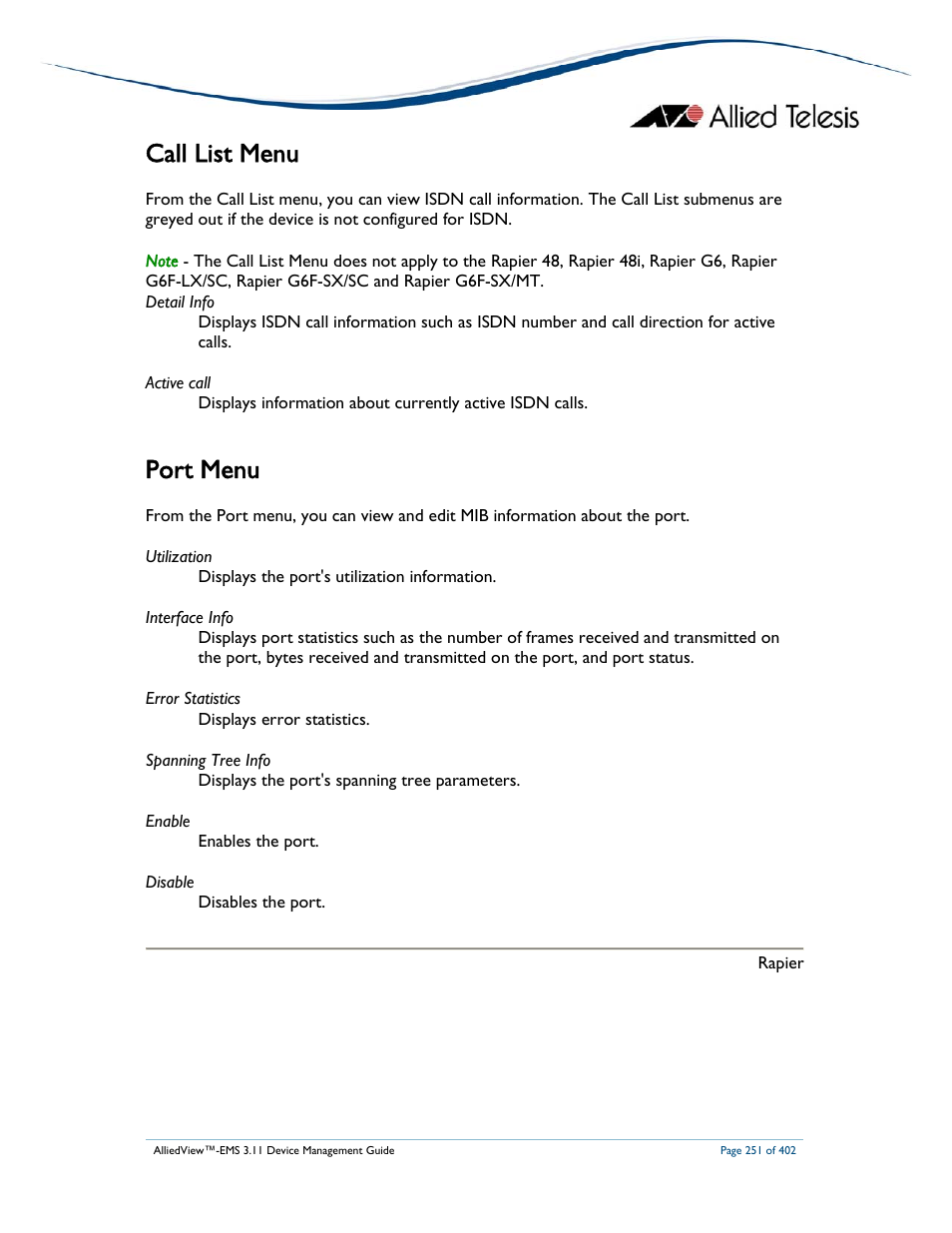Call list menu, Port menu | Allied Telesis AlliedView-EMS 3.11 DEVICE MANAGEMENT User Manual | Page 251 / 402