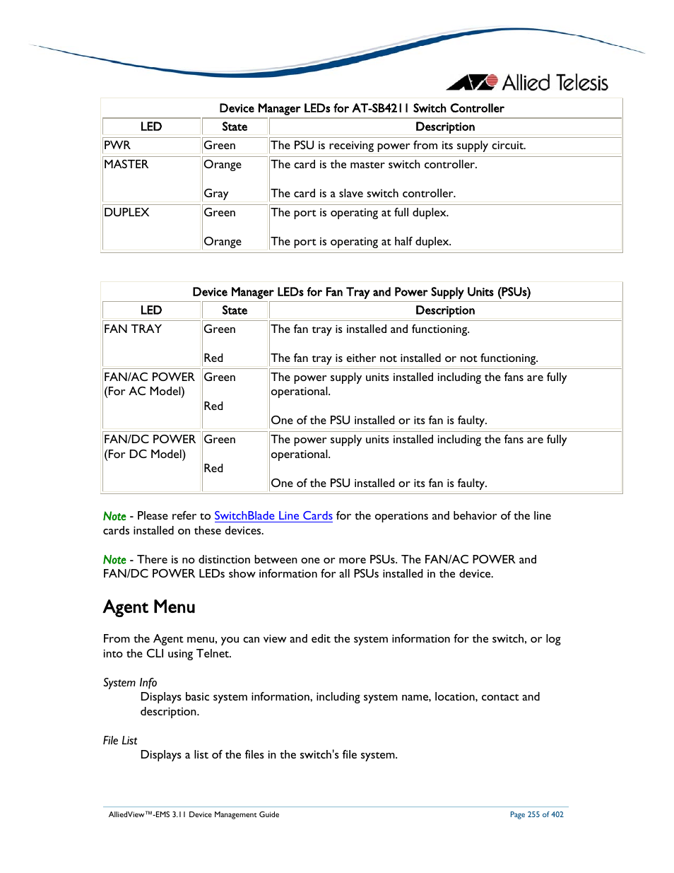 Agent menu | Allied Telesis AlliedView-EMS 3.11 DEVICE MANAGEMENT User Manual | Page 255 / 402