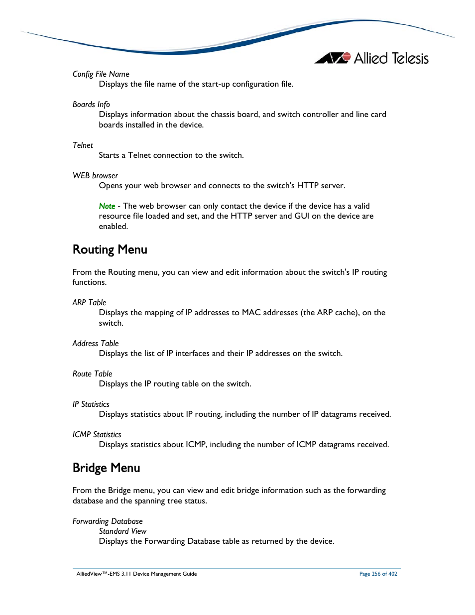 Routing menu, Bridge menu | Allied Telesis AlliedView-EMS 3.11 DEVICE MANAGEMENT User Manual | Page 256 / 402