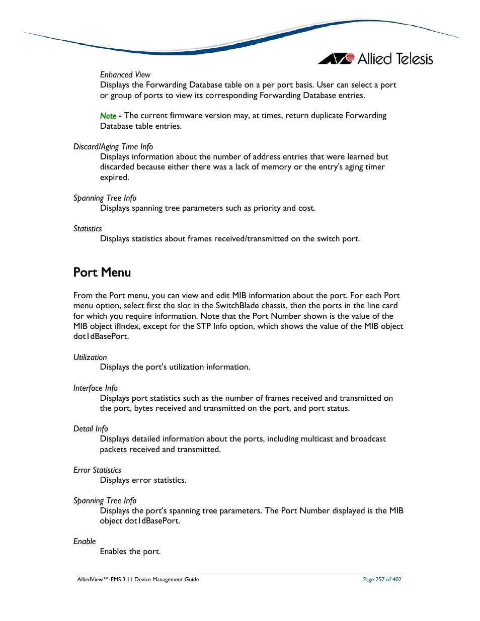 Port menu | Allied Telesis AlliedView-EMS 3.11 DEVICE MANAGEMENT User Manual | Page 257 / 402