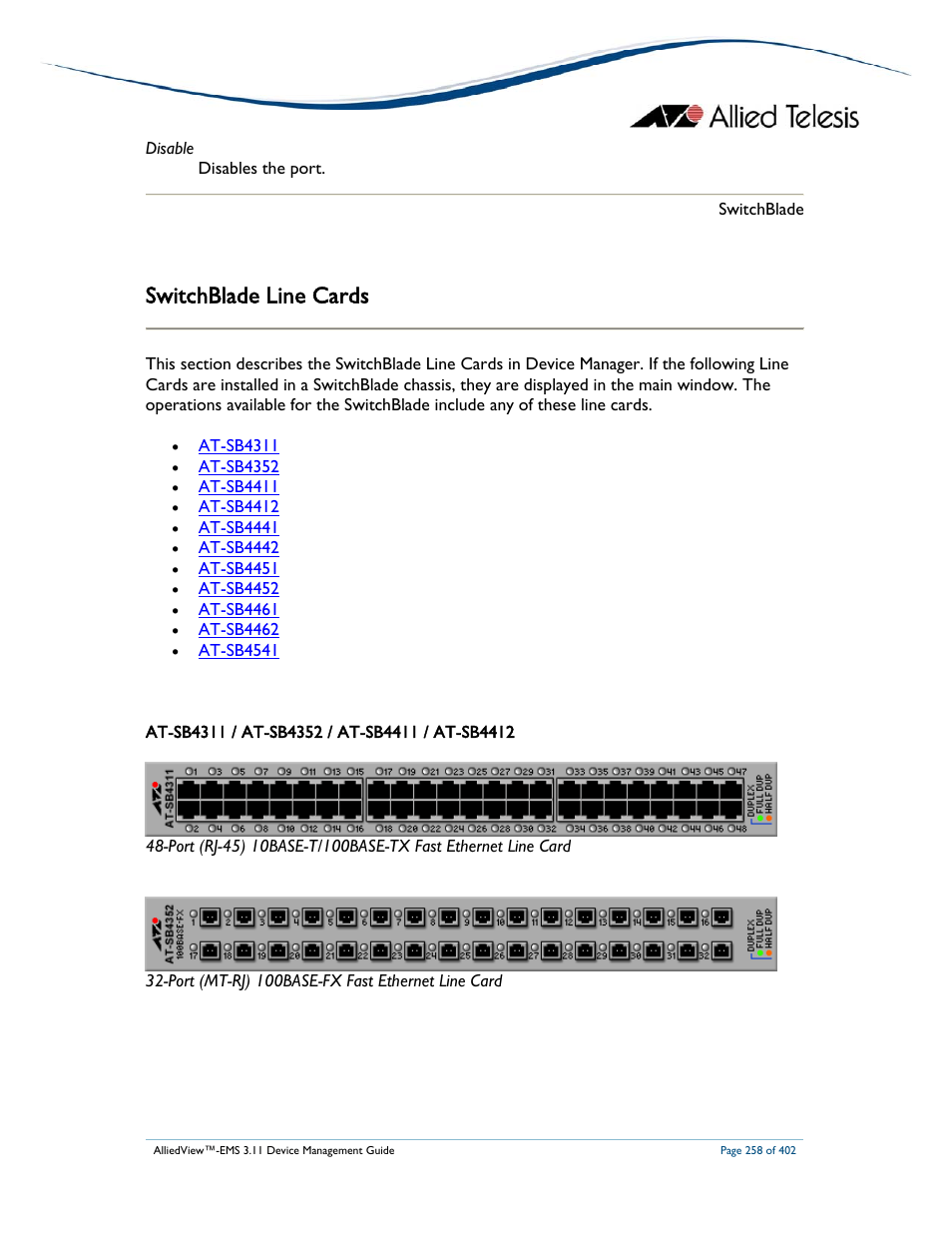 Switchblade line cards | Allied Telesis AlliedView-EMS 3.11 DEVICE MANAGEMENT User Manual | Page 258 / 402