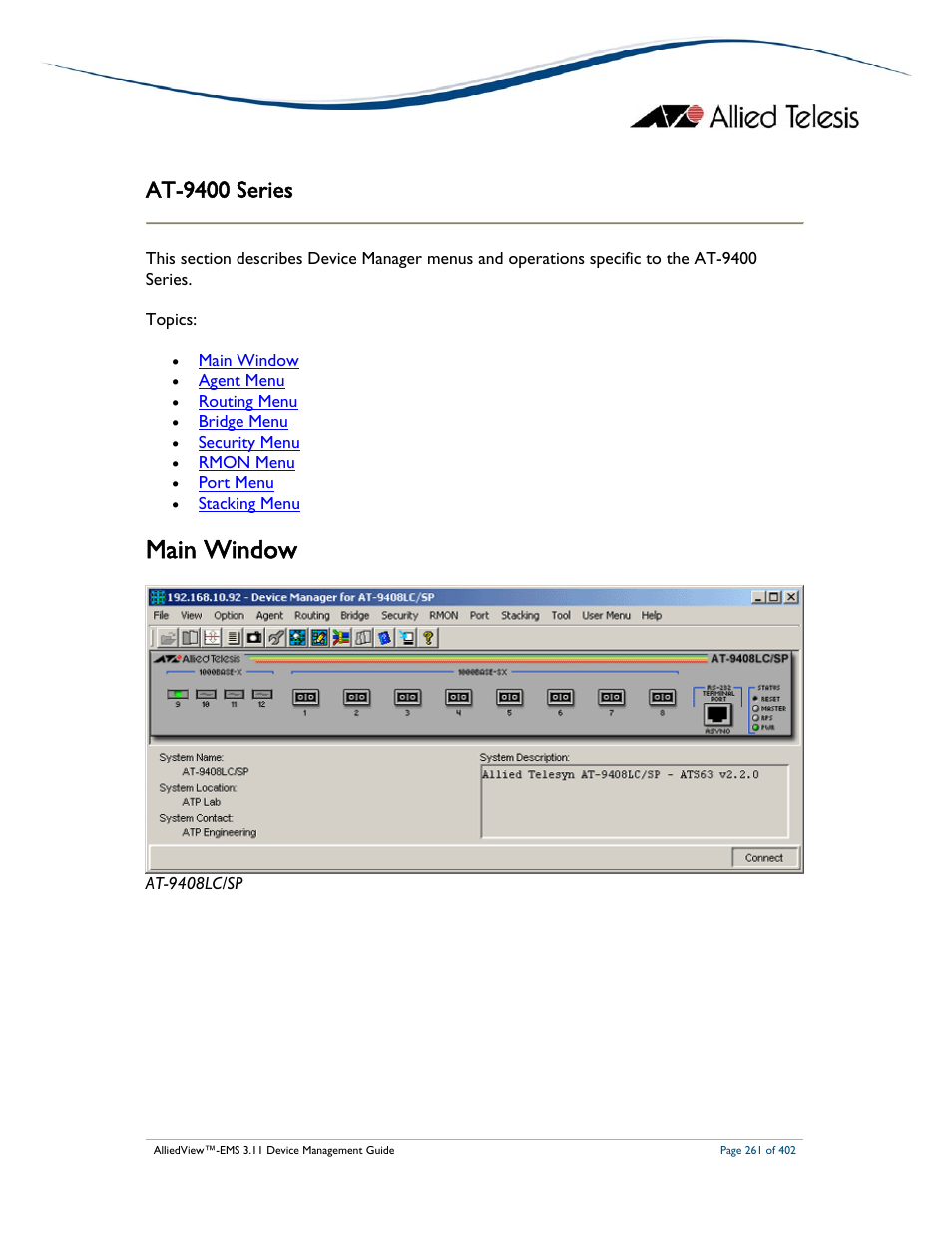 Main window, At-9400 series | Allied Telesis AlliedView-EMS 3.11 DEVICE MANAGEMENT User Manual | Page 261 / 402