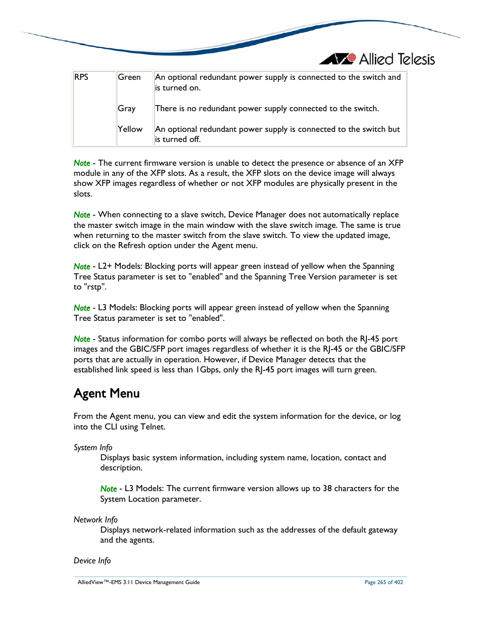 Agent menu | Allied Telesis AlliedView-EMS 3.11 DEVICE MANAGEMENT User Manual | Page 265 / 402