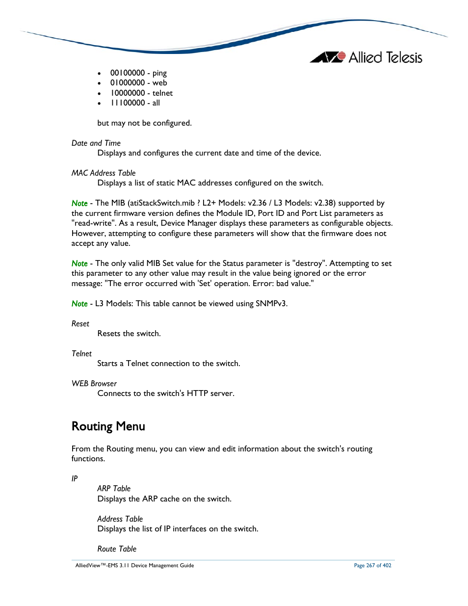 Routing menu | Allied Telesis AlliedView-EMS 3.11 DEVICE MANAGEMENT User Manual | Page 267 / 402