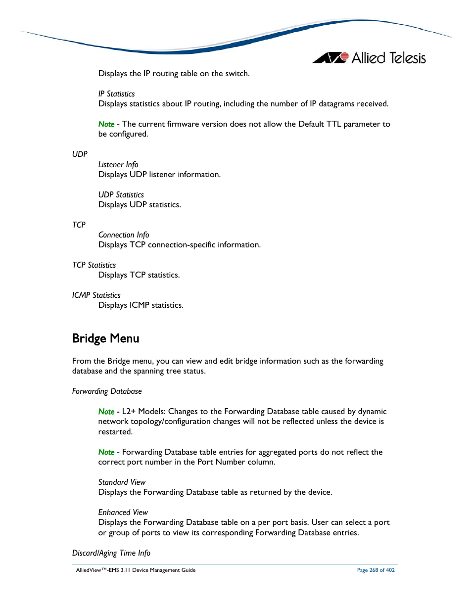 Bridge menu | Allied Telesis AlliedView-EMS 3.11 DEVICE MANAGEMENT User Manual | Page 268 / 402