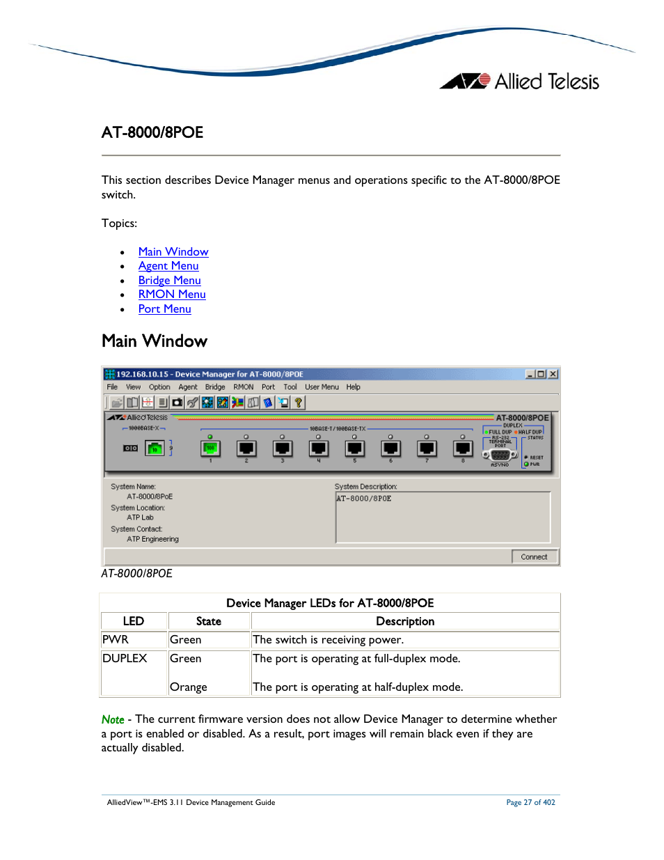 Main window | Allied Telesis AlliedView-EMS 3.11 DEVICE MANAGEMENT User Manual | Page 27 / 402