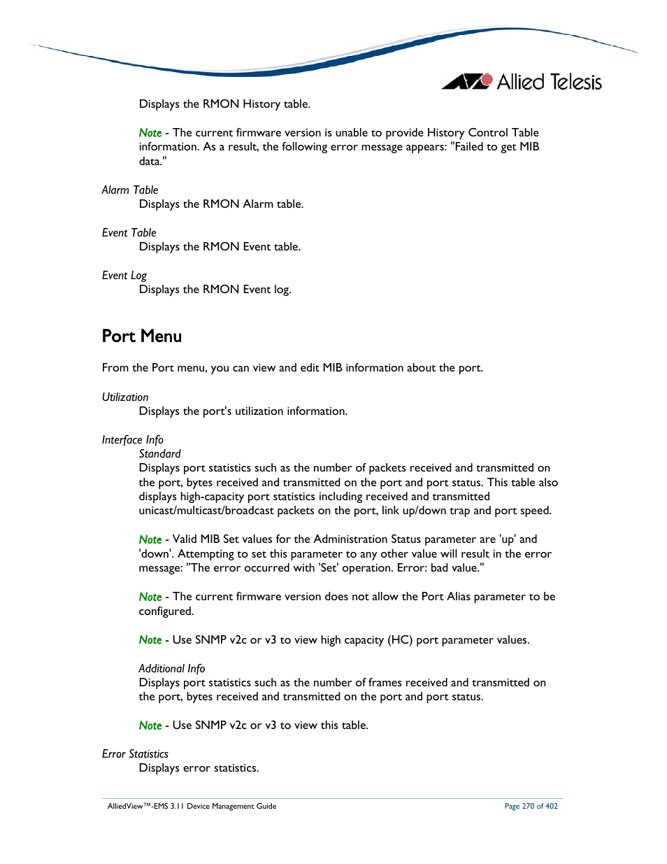 Port menu | Allied Telesis AlliedView-EMS 3.11 DEVICE MANAGEMENT User Manual | Page 270 / 402