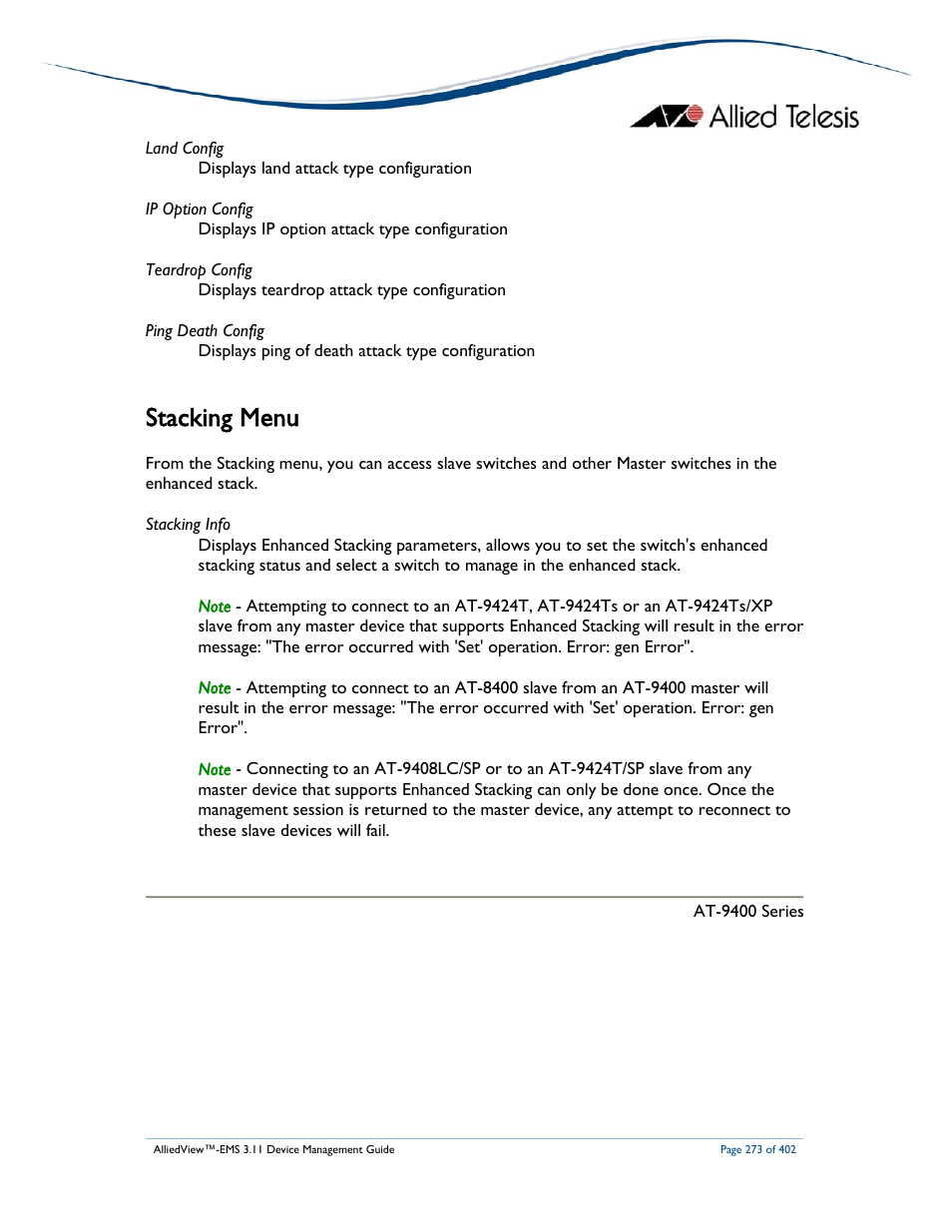 Stacking menu | Allied Telesis AlliedView-EMS 3.11 DEVICE MANAGEMENT User Manual | Page 273 / 402