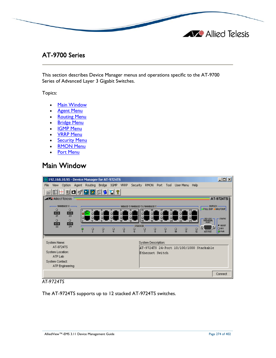 Main window, At-9700 series | Allied Telesis AlliedView-EMS 3.11 DEVICE MANAGEMENT User Manual | Page 274 / 402
