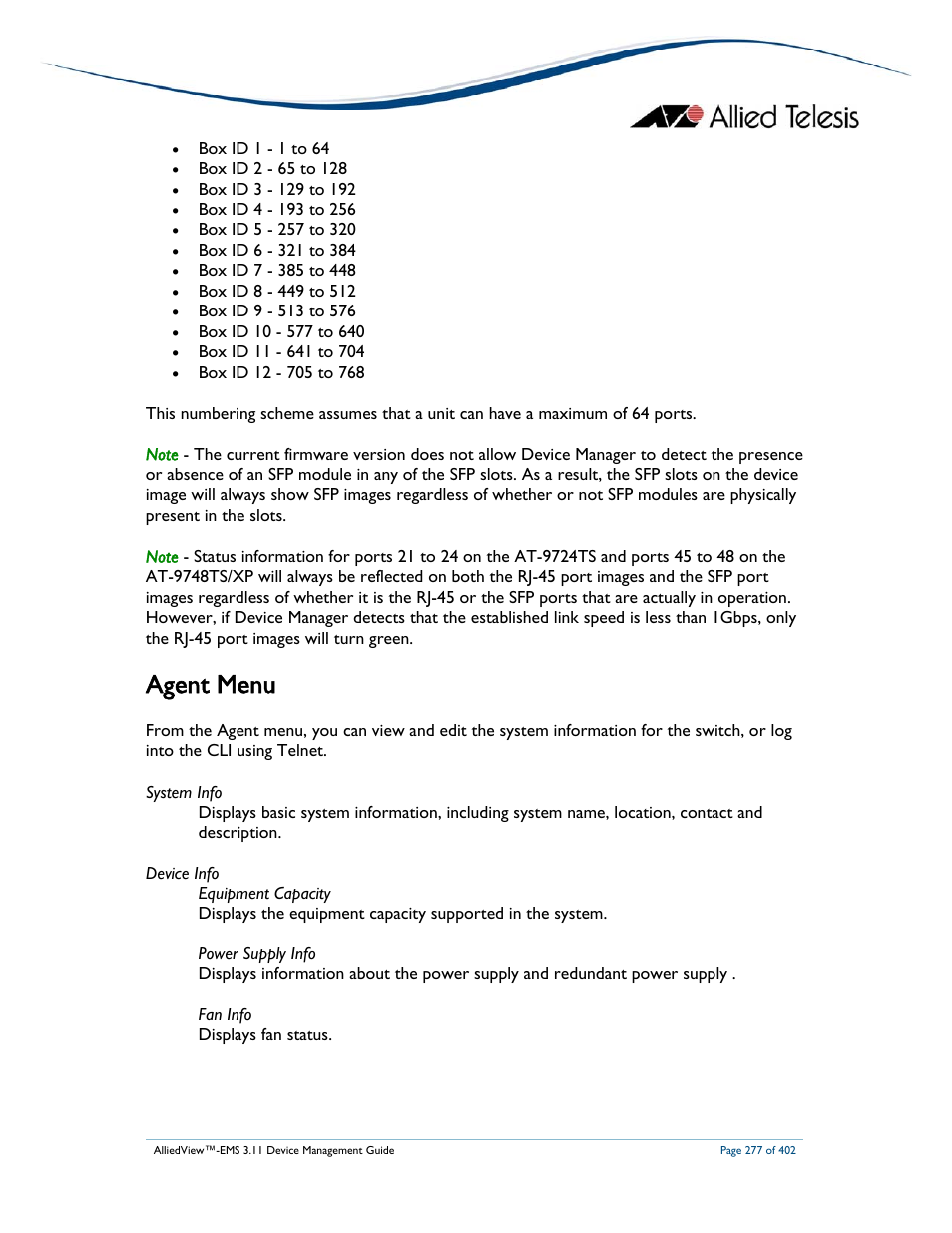 Agent menu | Allied Telesis AlliedView-EMS 3.11 DEVICE MANAGEMENT User Manual | Page 277 / 402