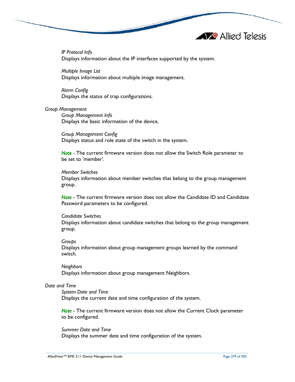 Allied Telesis AlliedView-EMS 3.11 DEVICE MANAGEMENT User Manual | Page 279 / 402