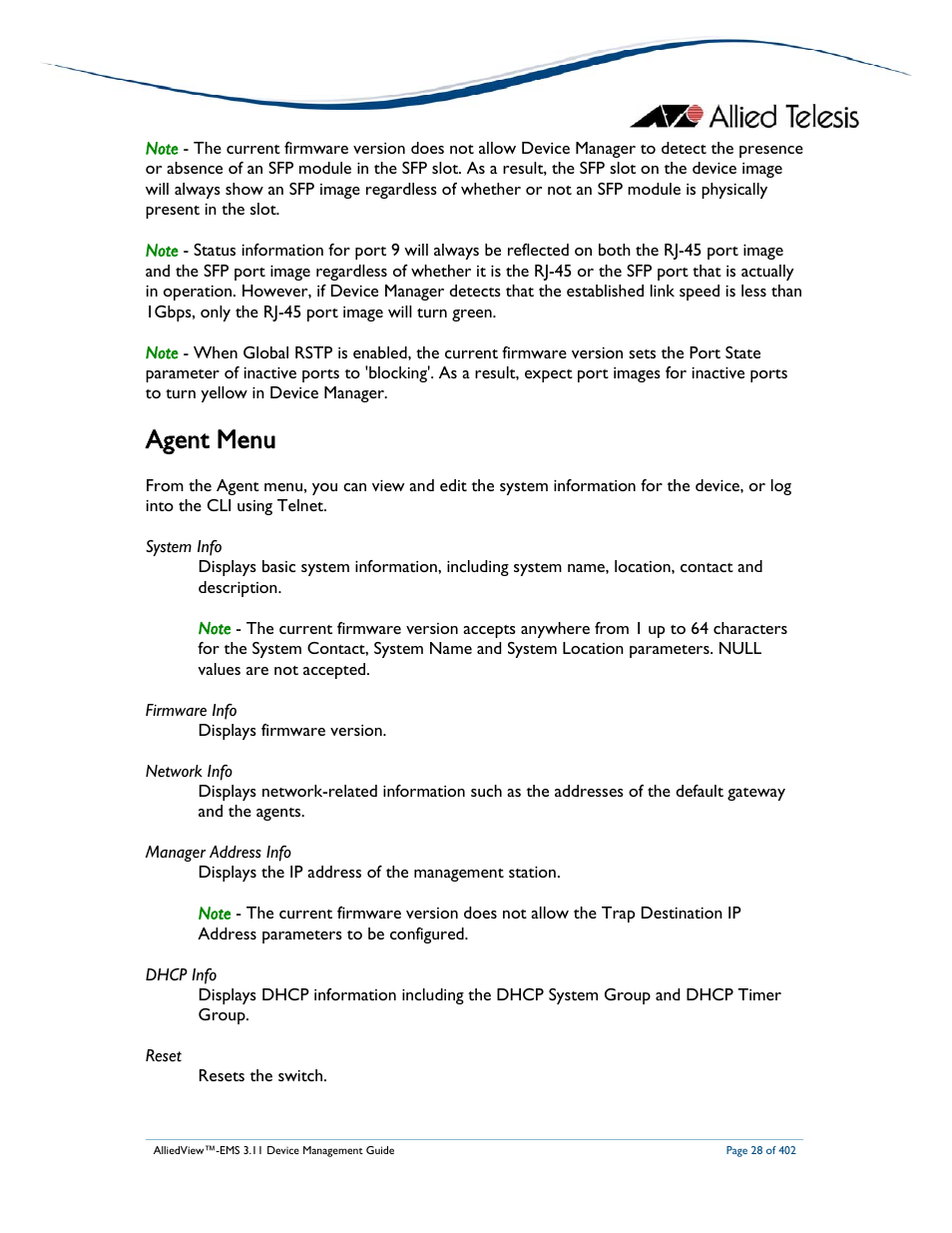 Agent menu | Allied Telesis AlliedView-EMS 3.11 DEVICE MANAGEMENT User Manual | Page 28 / 402