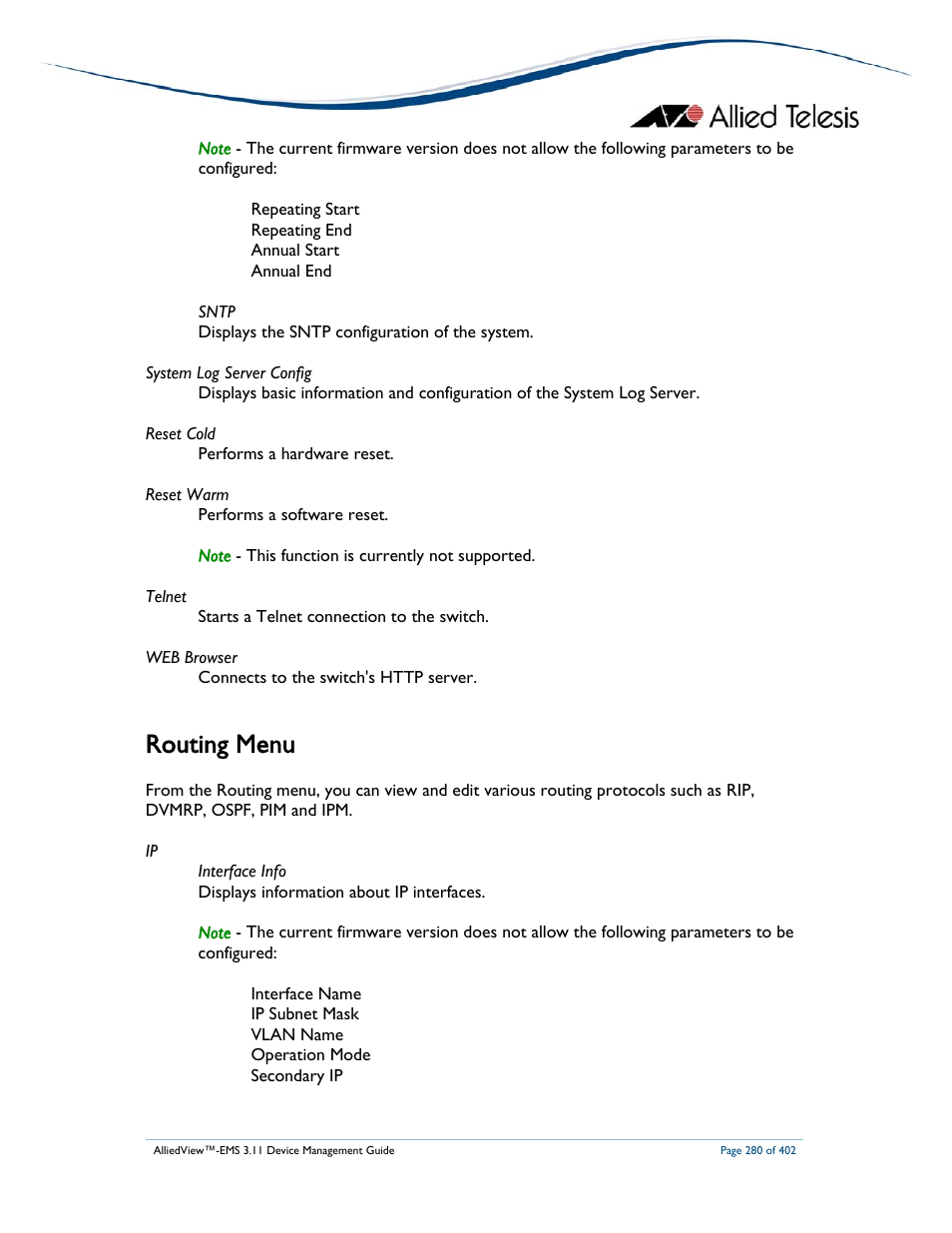 Routing menu | Allied Telesis AlliedView-EMS 3.11 DEVICE MANAGEMENT User Manual | Page 280 / 402