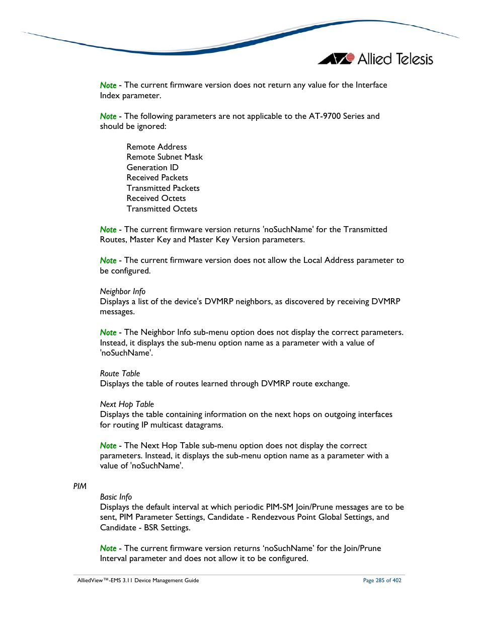 Allied Telesis AlliedView-EMS 3.11 DEVICE MANAGEMENT User Manual | Page 285 / 402