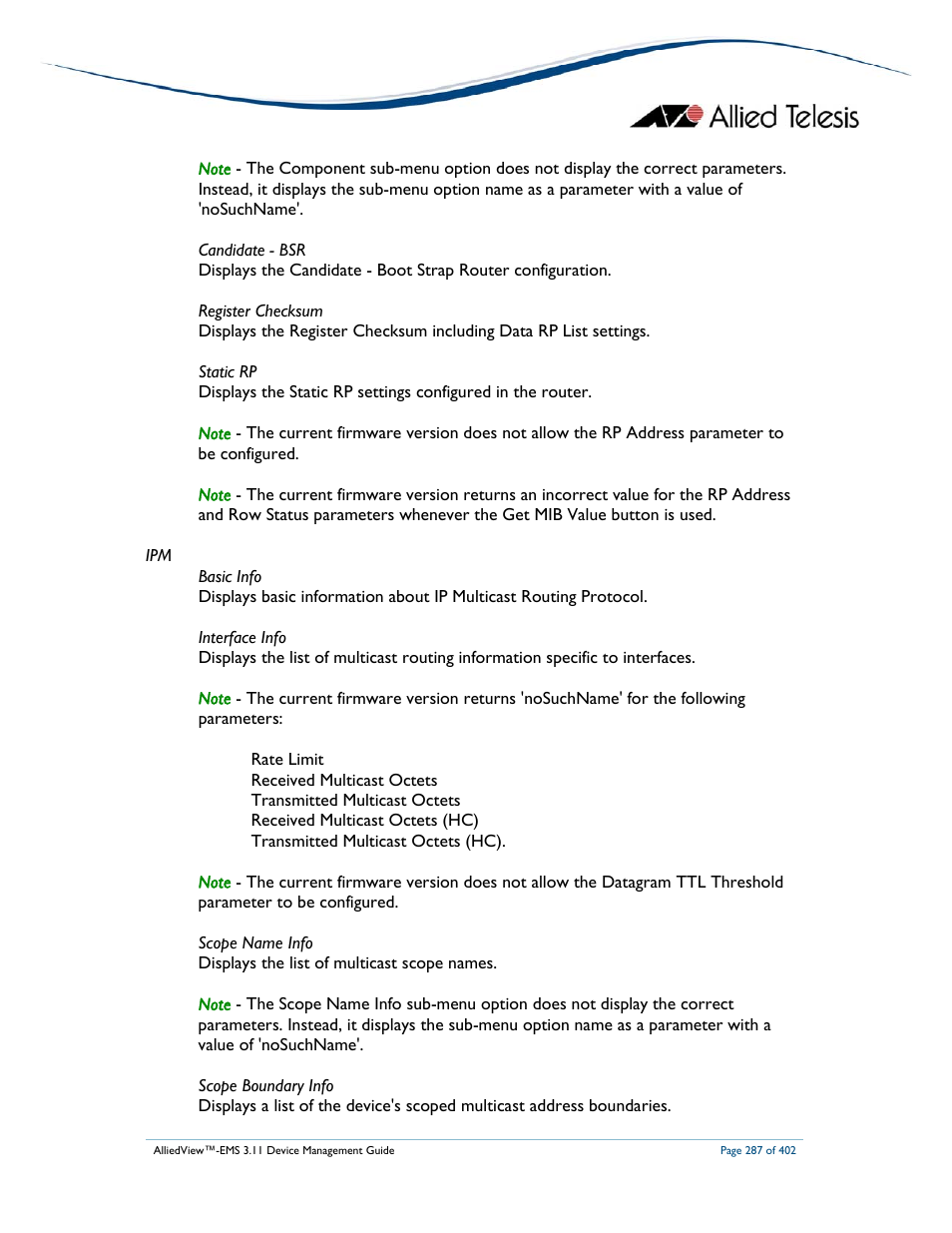 Allied Telesis AlliedView-EMS 3.11 DEVICE MANAGEMENT User Manual | Page 287 / 402
