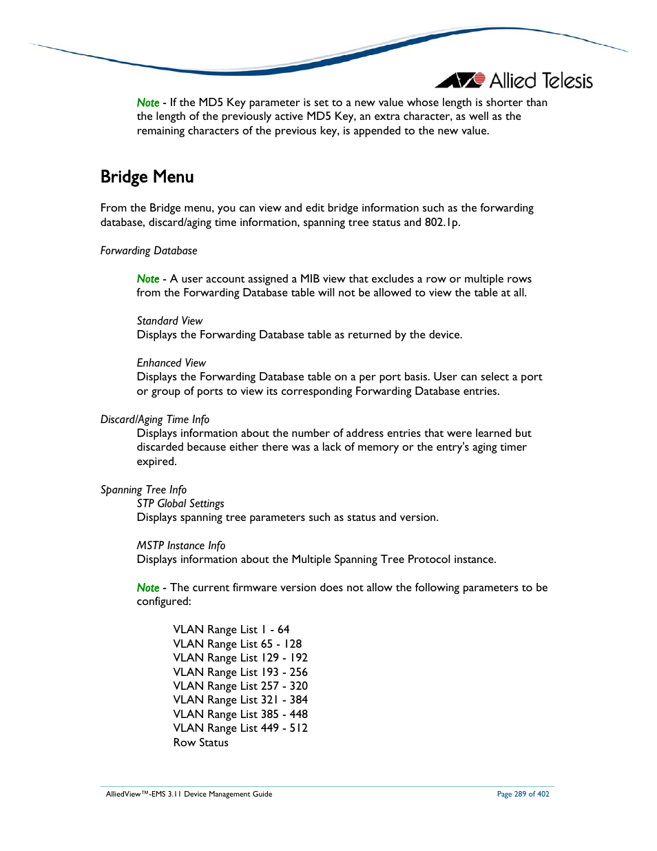 Bridge menu | Allied Telesis AlliedView-EMS 3.11 DEVICE MANAGEMENT User Manual | Page 289 / 402