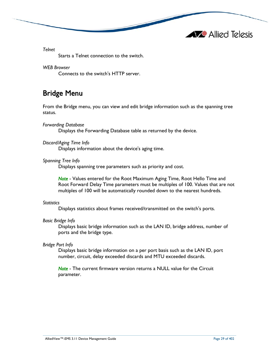 Bridge menu | Allied Telesis AlliedView-EMS 3.11 DEVICE MANAGEMENT User Manual | Page 29 / 402